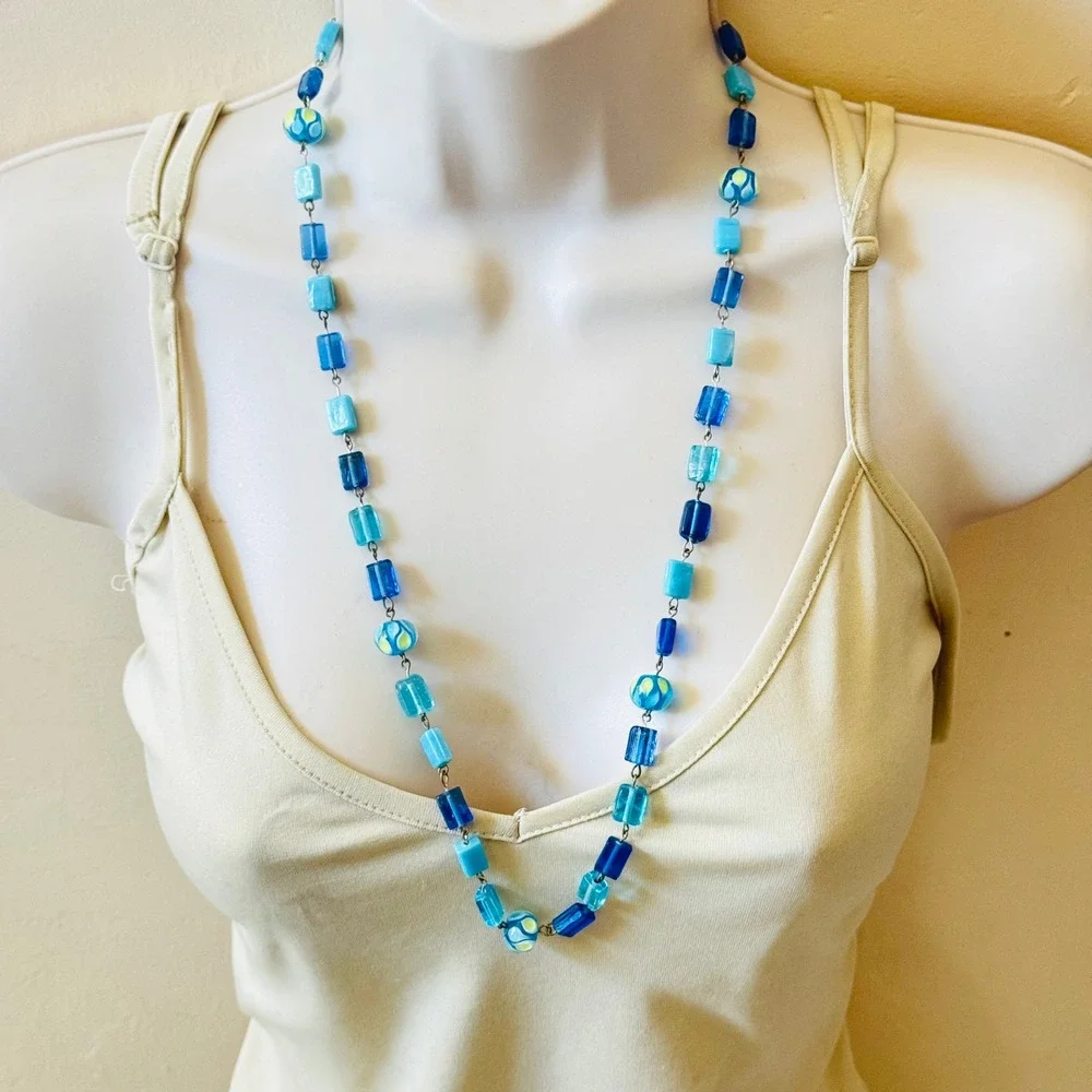 VTG BOHO Necklace Blue Art‎ Glass Beads Lampwork Strand Statement 70s Retro 26